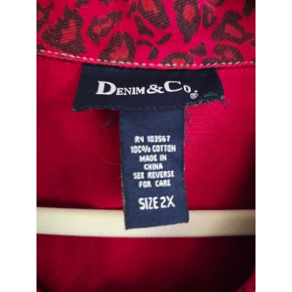 Denim & Co 2X Red Y2K Embroidered Jean Jacket Animal Print Button Boxy Western - Picture 5 of 14